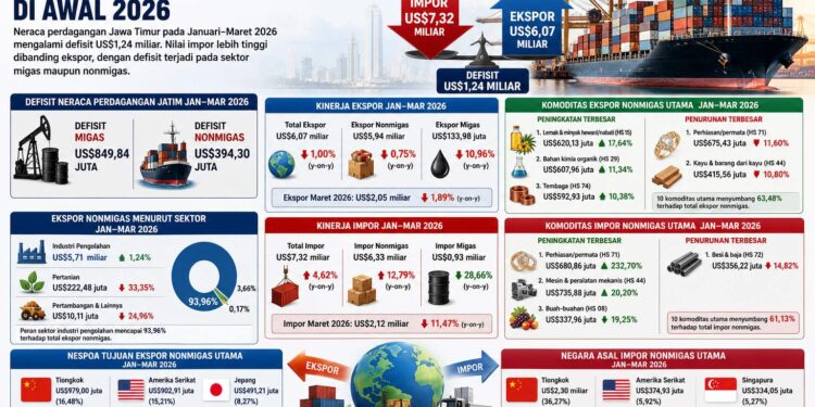 Defisit Perdagangan Jatim Tembus US$1,24 Miliar di Awal 2026, Impor Melonjak