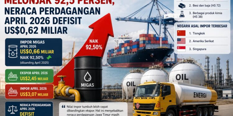 Impor Migas Jatim Melonjak 92,5 Persen, Neraca Perdagangan April 2026 Defisit US$0,62 Miliar